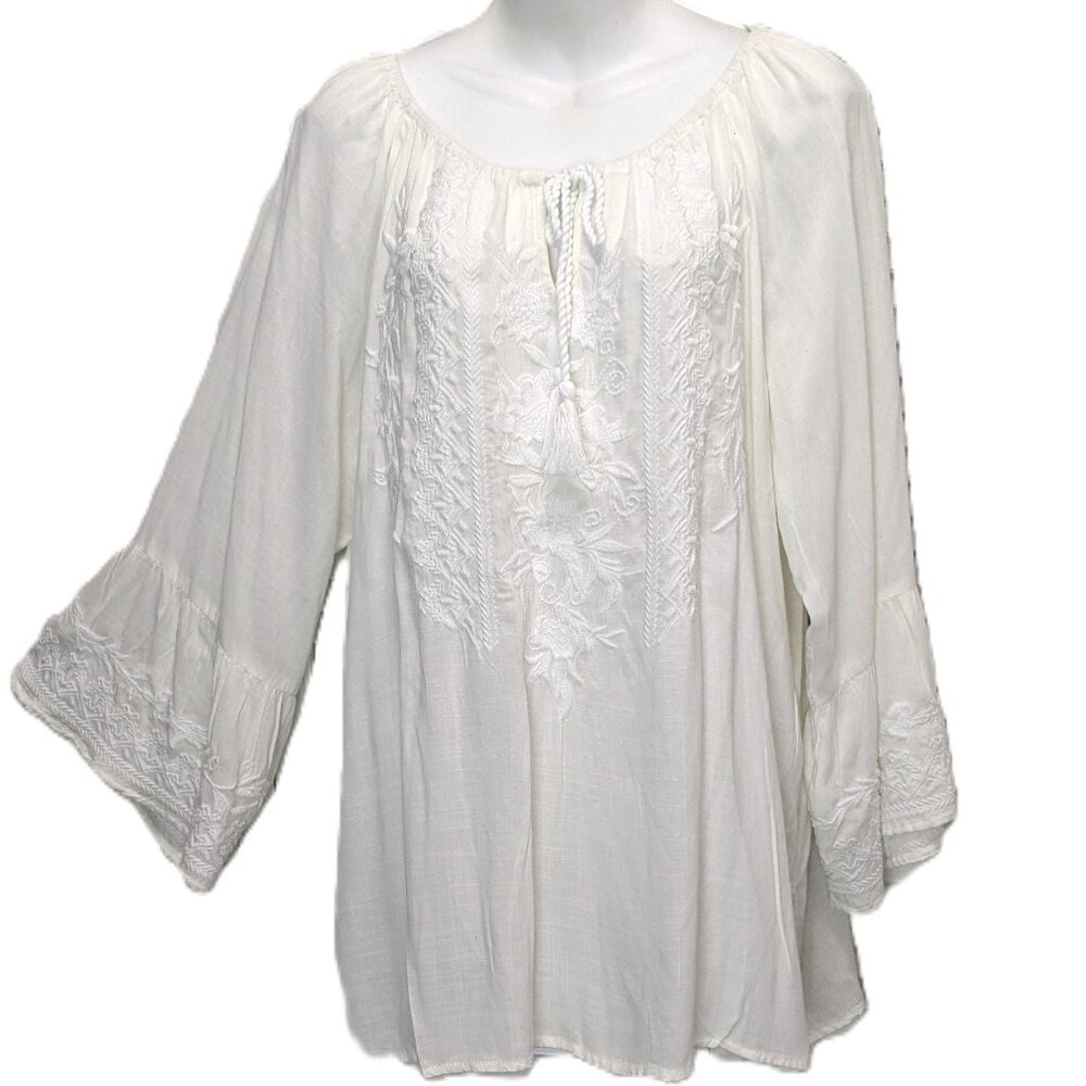 White Embroidered Peasant Blouse Rayon Spiaggia Dolce Boho Hippie India Large